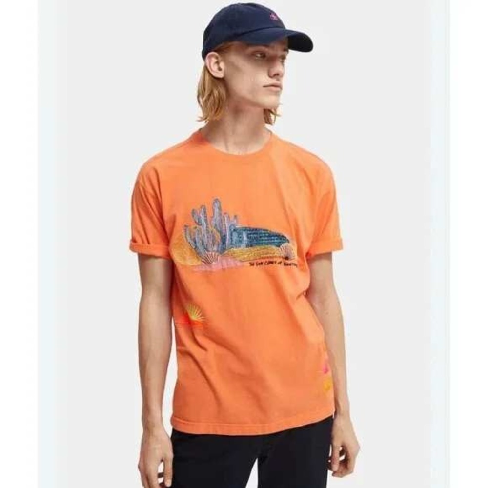 Abel Macias x Scotch & Soda Tee in Coral‎ Emboidered Cacti T-Shirt size large